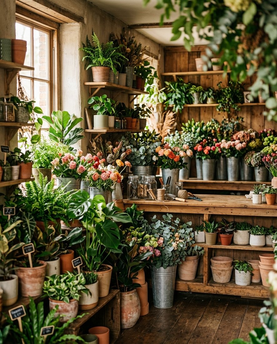 Gezellige bloemenwinkel met houten schappen vol verse bloemen